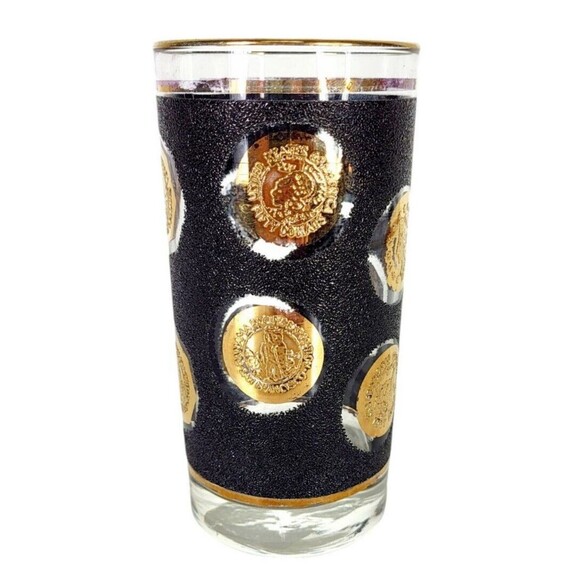 Vintage Libbey 60s MCM Black Gold Old World Coin Highball Tumbler Barware Glass - Picture 8 of 11
